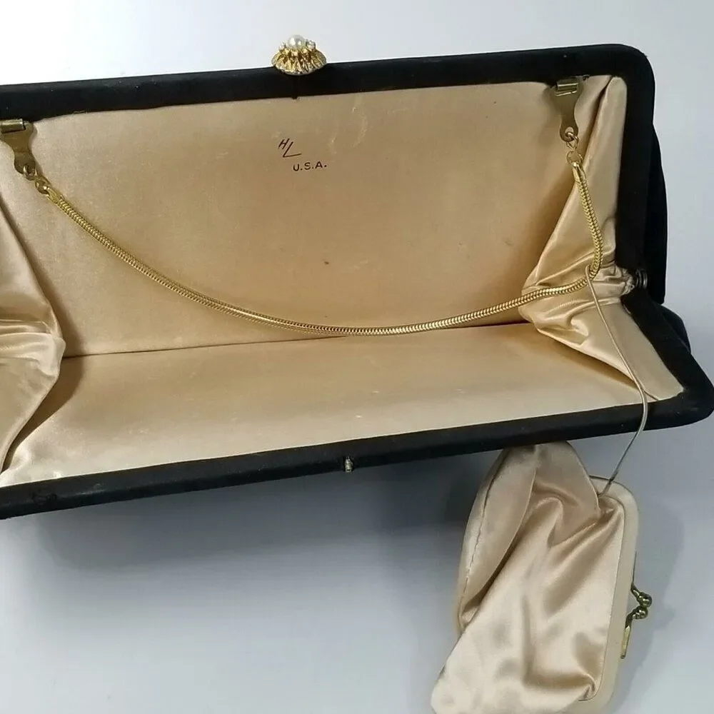 Vintage 60s Purse Black Clutch Kiss Lock Gold Pearl Rhinestone Coin Purse
